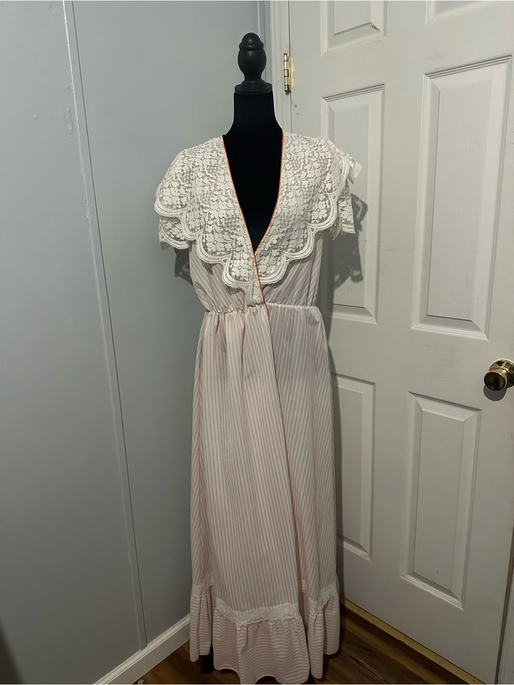 Cottagecore 1970s Sheer Pinstripe Prairie Maxi Robe | Victorian Style Lace Accen